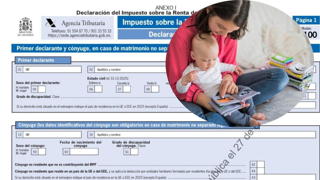 Montaje de una madre con su hijo y la declaración de la Renta
