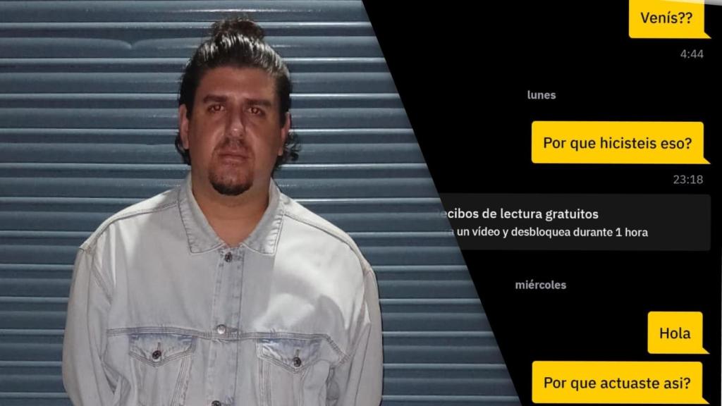 Juan Pablo, víctima de la red detenida, y el pantallazo del chat en Grindr.