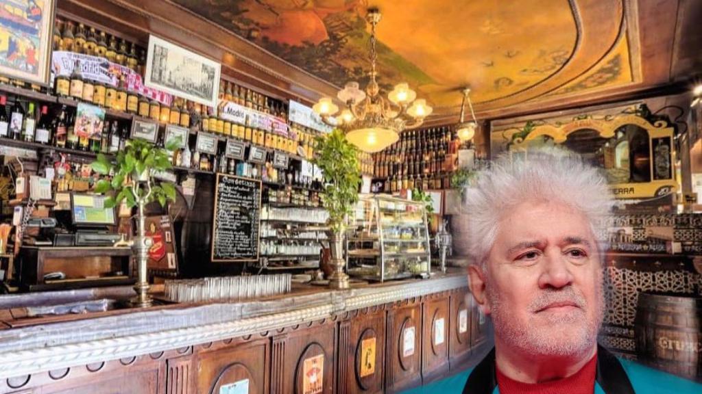 Pedro Almodóvar y la Taberna Ángel Sierra, escenario de dos de sus películas, en un montaje.