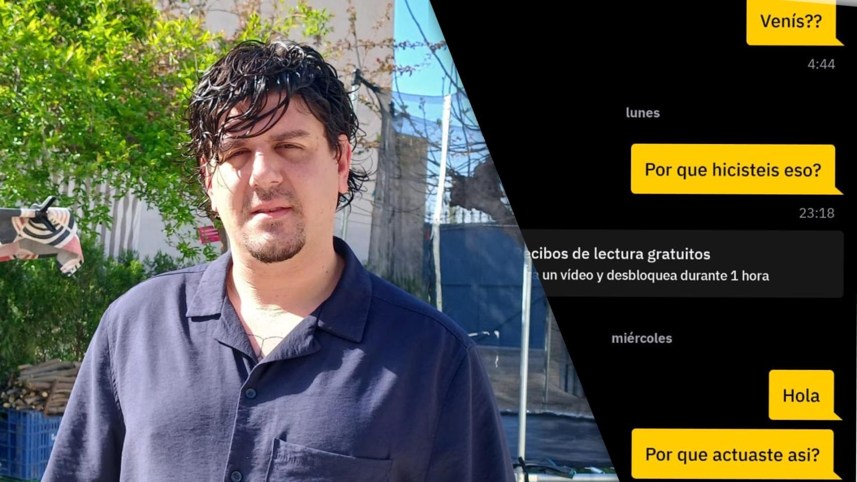 Juan Pablo, víctima de la red detenida, y el pantallazo del chat en Grindr.