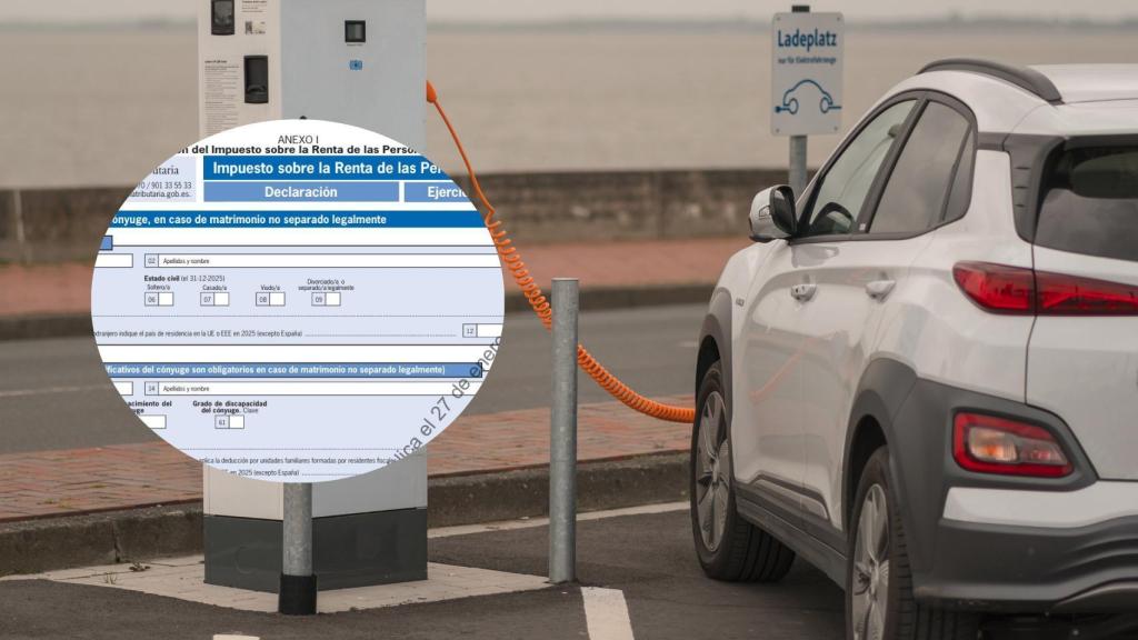 Montaje de un coche eléctrico con la declaración de la Renta.