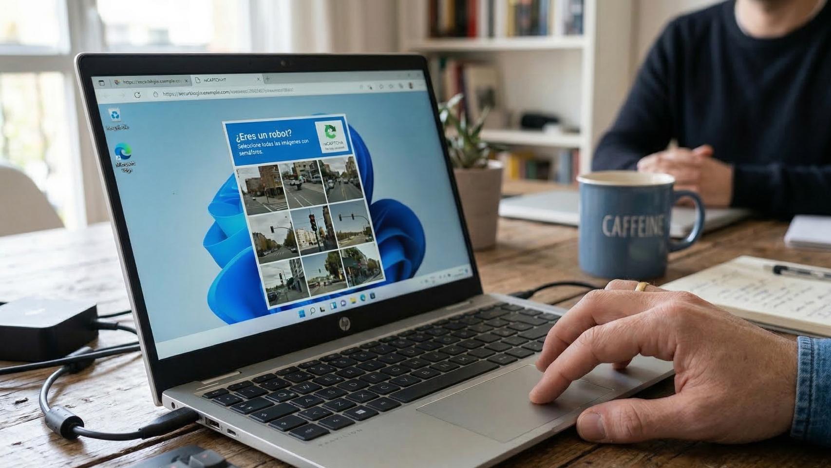 Imagen creada con IA que muestra a un usuario resolviendo un reCAPTCHA en un portátil.