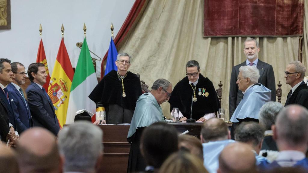 Ceremonia de entrega del Honoris Causa a Sergio Mattarella en el Paraninfo de la Universidad de Salamanca.