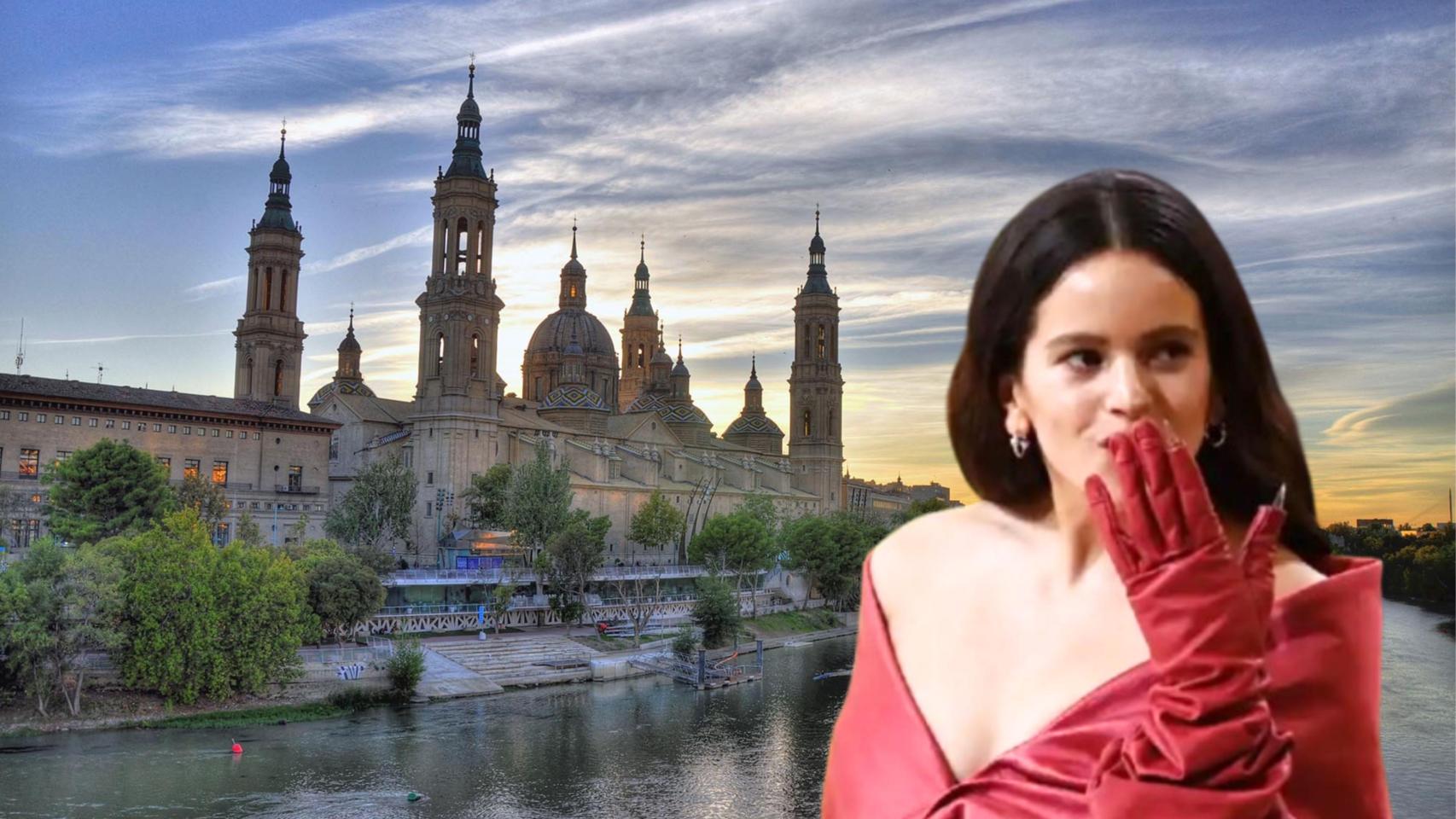 Rosalía y la Basílica del Pilar de fondo.