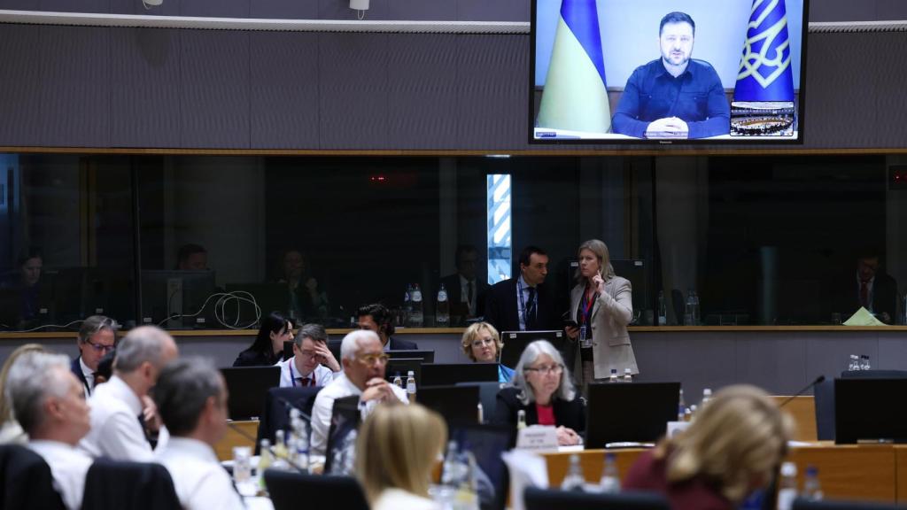 El presidente de Ucrania, Volodímir Zelenski, durante su intervención este jueves ante el Consejo Europeo por videoconferencia