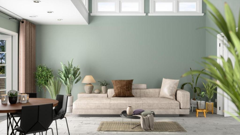 Sala de estar con pared en un tono verde y techo en blanco