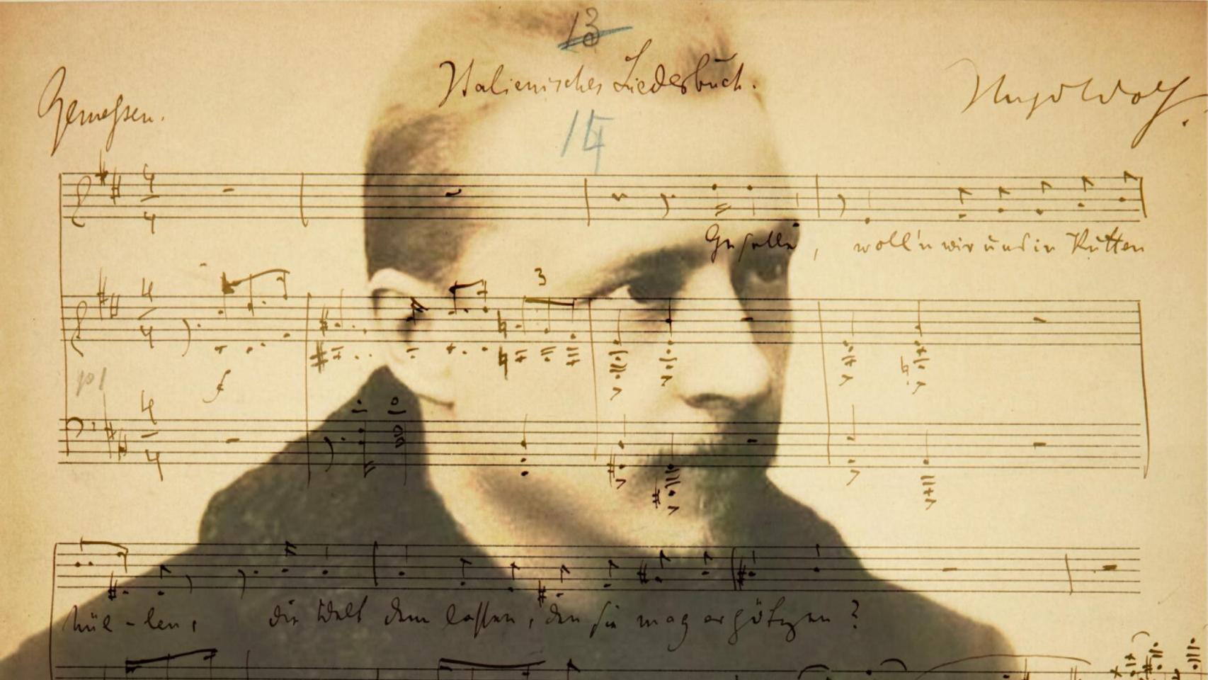Retrato de hugo wolf y manuscrito autógrafo  de la canción 'Geselle, woll’n wir uns in Kutten Hüllen'. Diseño: Rubén Vique