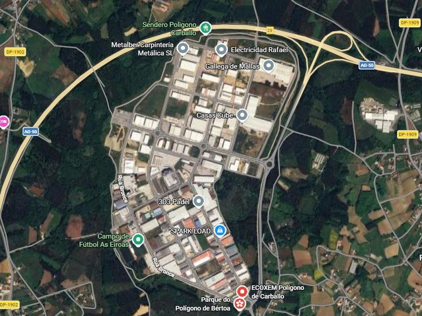 Vista vía satélite del área que abarca el parque empresarial de Bértoa (Carballo).
