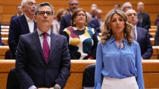 Yolanda Díaz y el ministro de Presidencia Félix Bolaños, durante la sesión de control al Gobierno celebrada este martes por el pleno del Senado.
