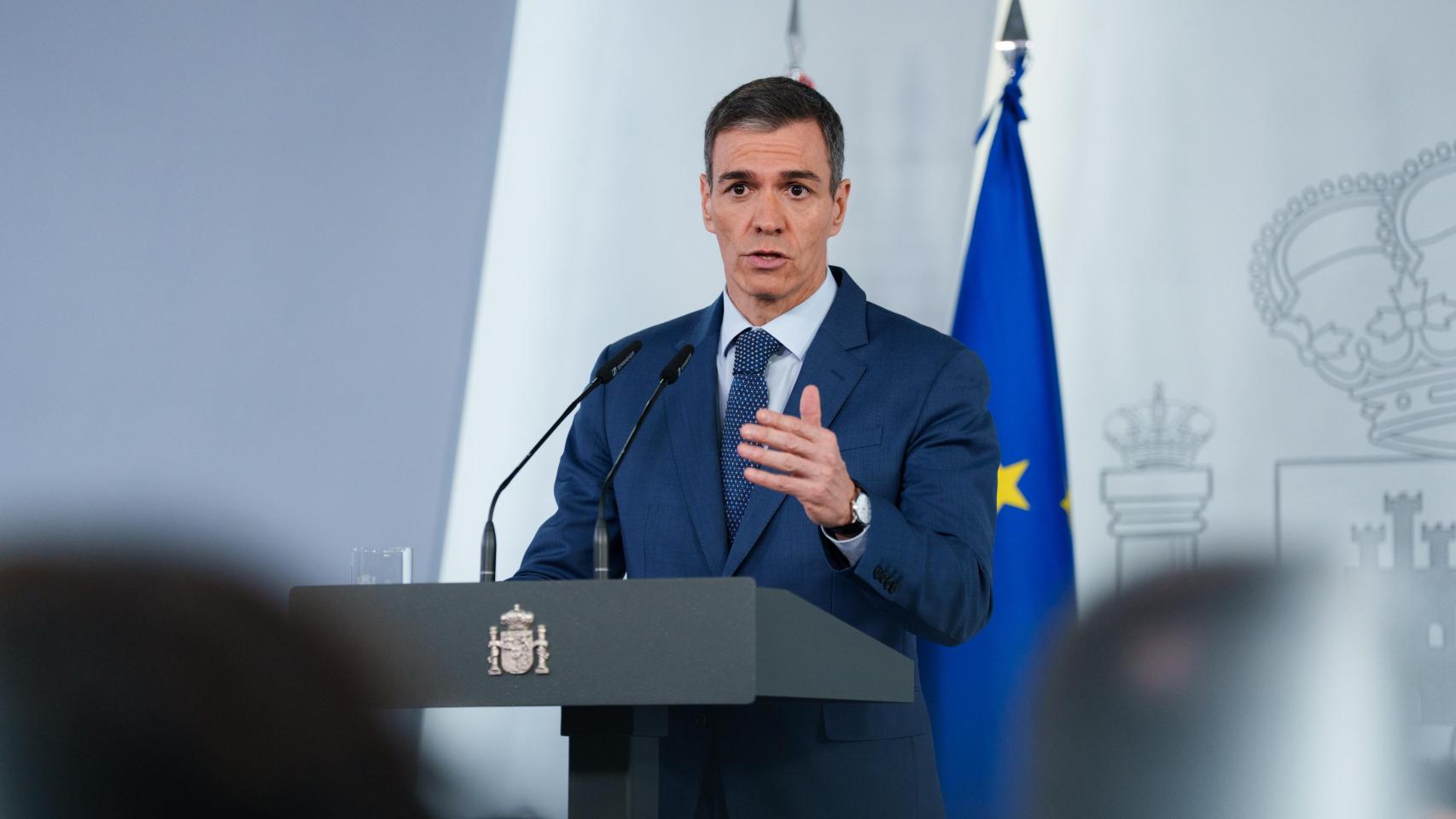 Pedro Sánchez, presidente del Gobierno, durante su intervención en Moncloa.