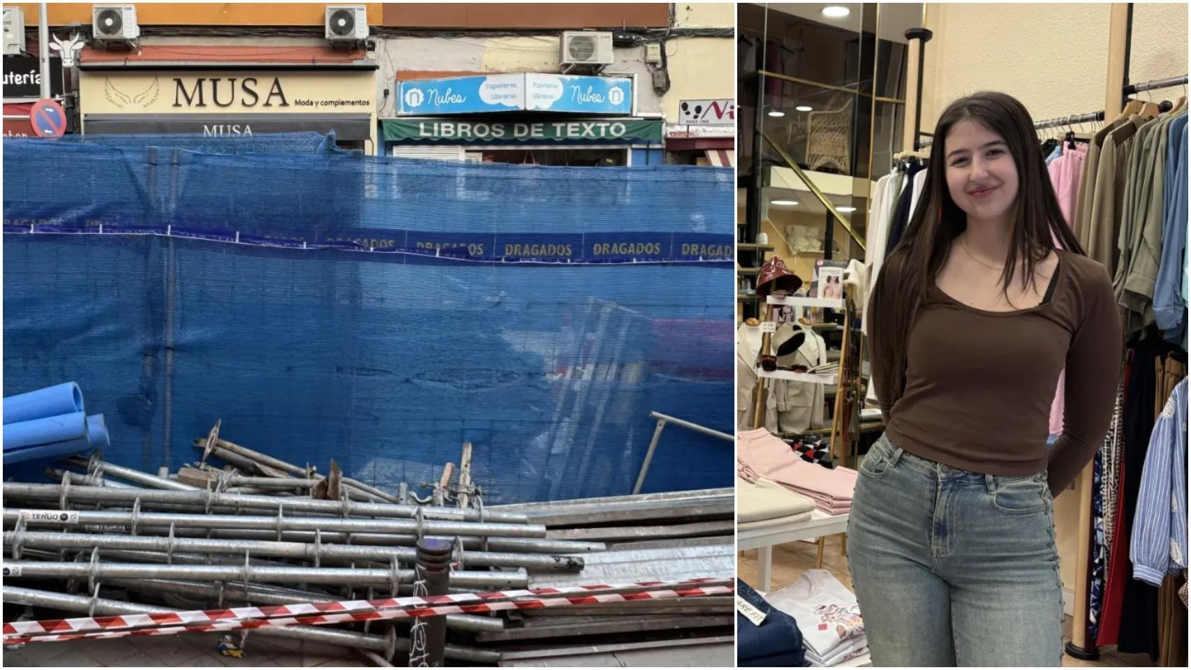 Mónica y las obras que tapan su tienda.