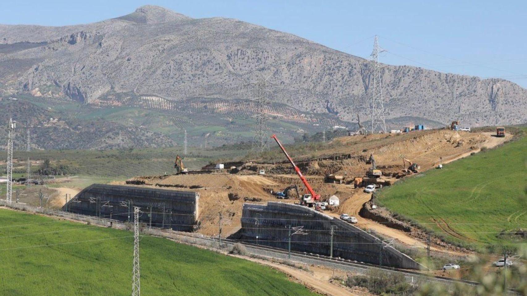 Imagen de los trabajos de reparación del talud del AVE en Álora.