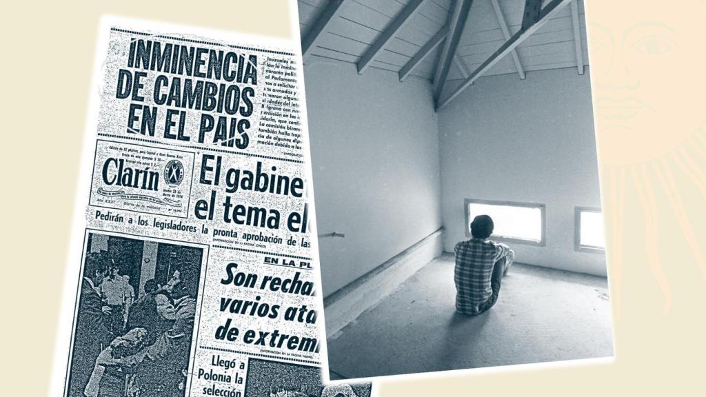 Portada del diario 'Clarín' publicada el día anterior al golpe de Videla y fotografía de Enrique Shore de uno de los centros de detención que utilizaron en Argentina los militares durante la dictadura.