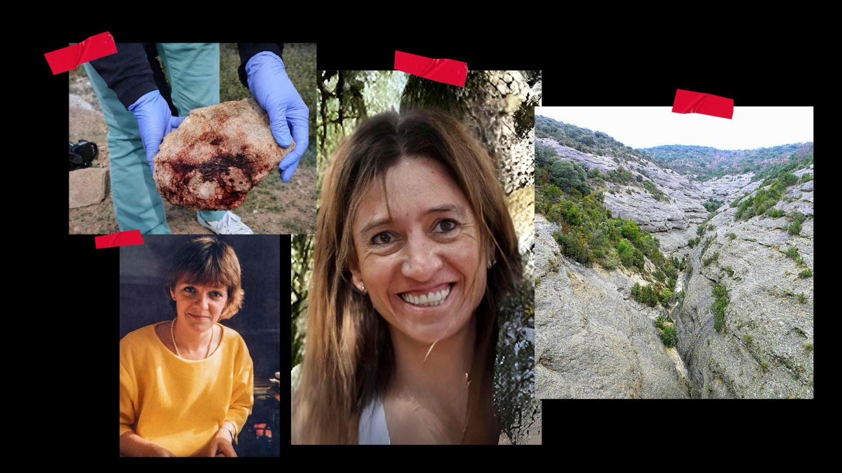 En el centro de la imagen, María Paloma Bardají; abajo a la izquierda, Françoise Dasnois; arriba a la izquierda, la piedra con la que fue golpeada Roy; y a la derecha, un barranco del Pirineo.