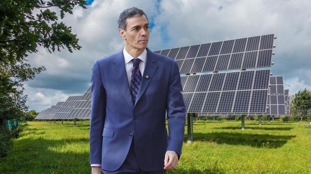 Fotomontaje del presidente del Gobierno, Pedro Sánchez, con el fondo de un parque fotovoltaico.