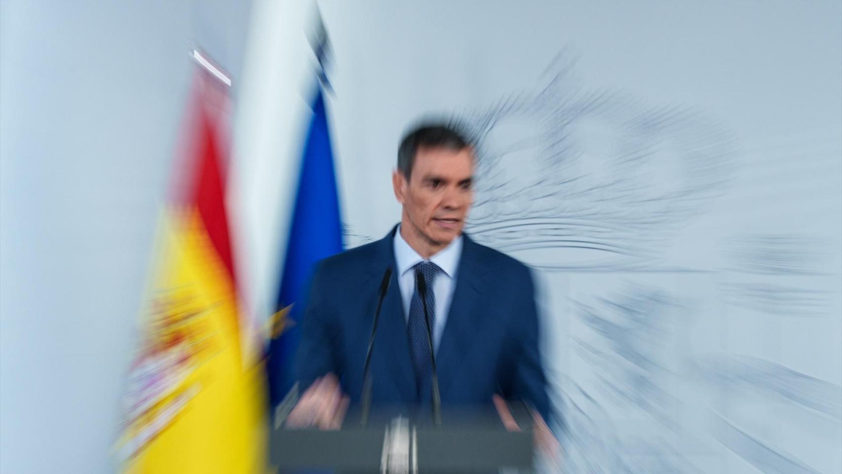 Pedro Sánchez, presidente del Gobierno, durante su comparecencia en Moncloa.