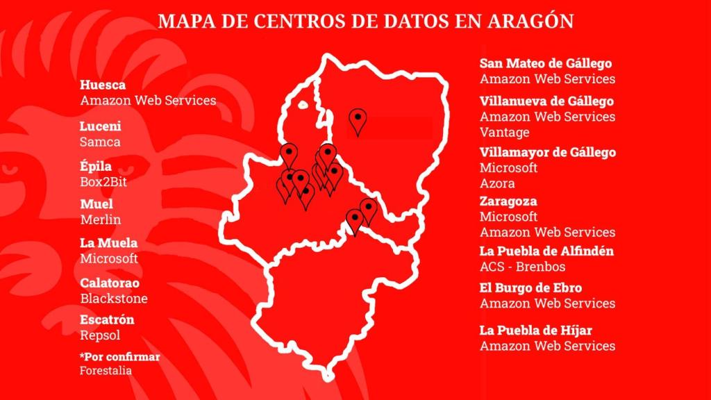 Mapa de los centros de datos en Aragón, a marzo de 2026