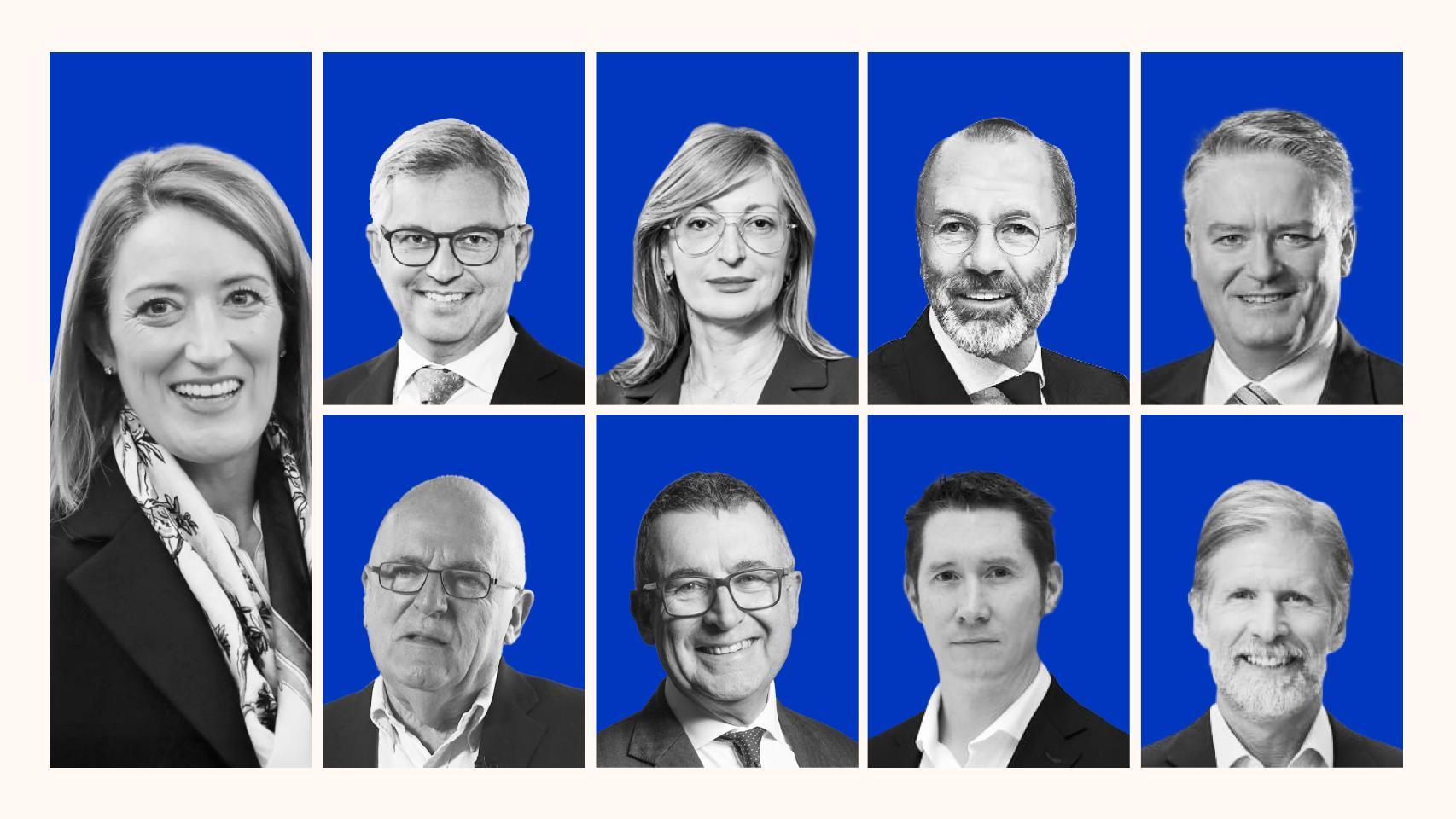 De izda. a dcha. Roberta Metsola, Magnus Brunner, Ekaterina Zaharieva, Manfred Weber, Mathias Corman, Sir Richard Dearlove, Sir Bernard Jenkin, Jason Rees y Jeff Bullwinkel.