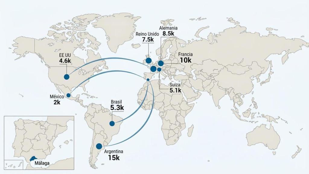Mapa con el reparto de malagueños por el mundo.
