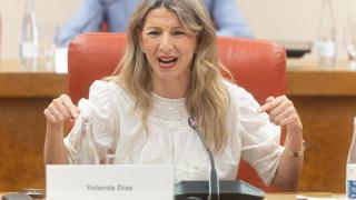 Yolanda Díaz, durante la reunión del Grupo Parlamentario de Sumar de este lunes.