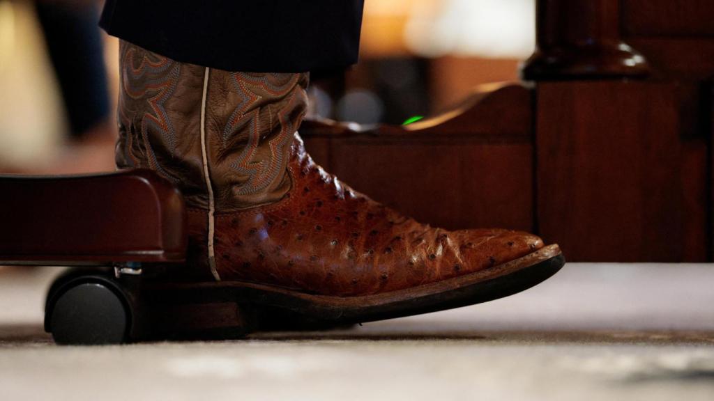 Senator Mullin's cowboy boots during his appearance before the Homeland Security Committee.