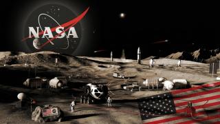 Concepto de Moon Base con el logo de la NASA y la bandera de EEUU