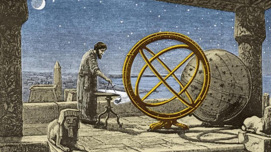 Recreación artística del astrónomo griego Hiparco trabajando.