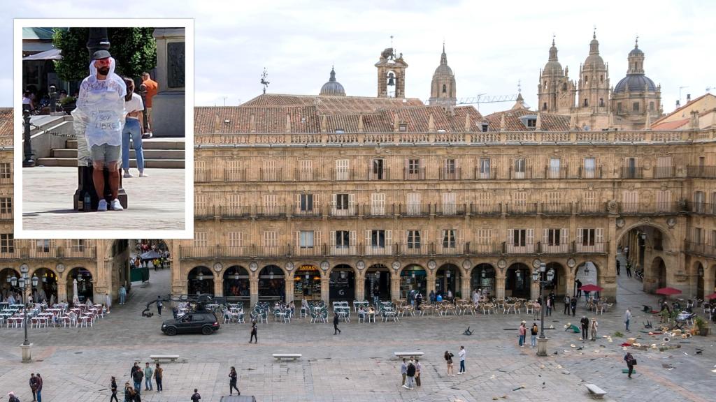 Montaje con imagen de la Plaza Mayor y novio atado a la columna.