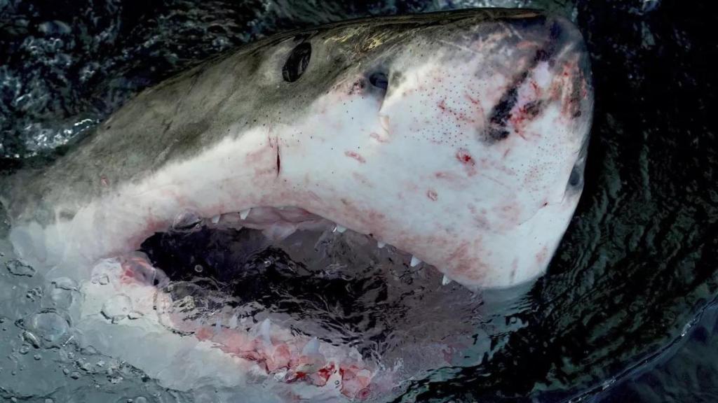 En esta imagen proporcionada por Warner Bros. Discovery un gran tiburón blanco en el mar.
