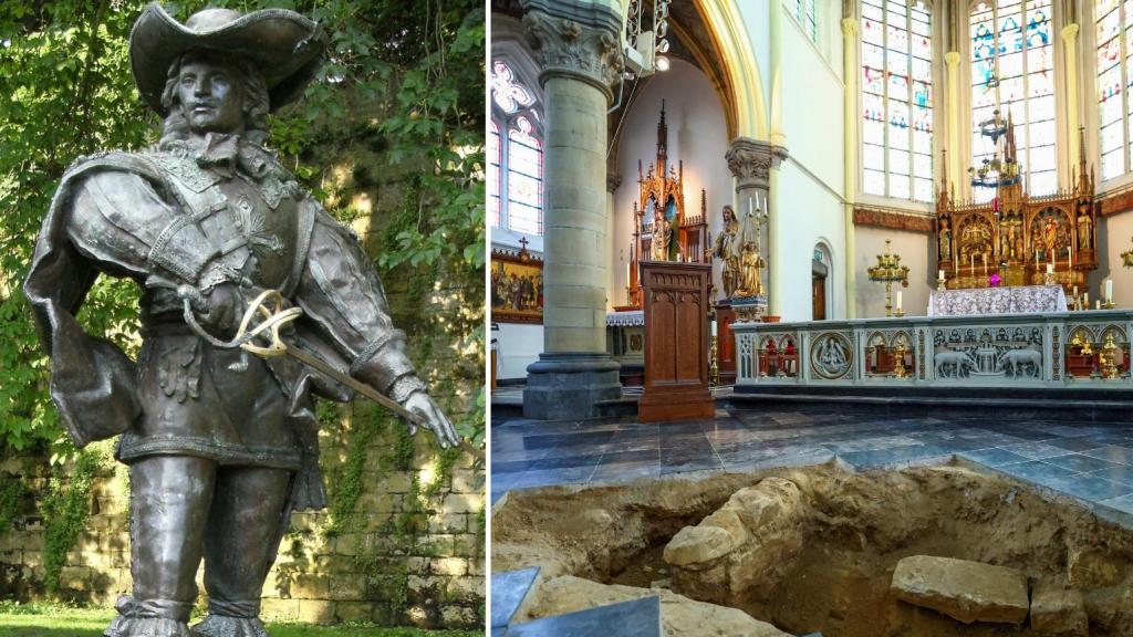 Estatua de D'Artagnan en Maastricht (foto: Mark Ahsmann/Wikimedia Commons). A la derecha, vista de la excavación de la iglesia de San Pedro y San Pablo, en Maastricht, donde han aparecido los restos (foto: Reuters)