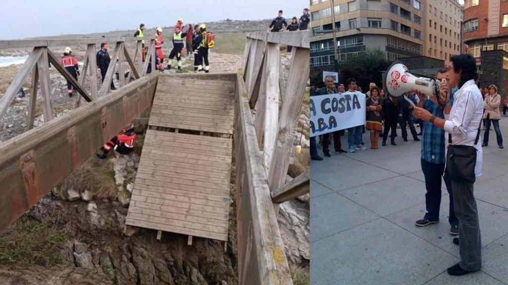 La doctora María Luisa, con el megáfono, en las protestas de 2014 para desmantelar las pasarelas de la senda costera, junto a una imagen de la pasarela de El Bocal que se hundió como un tobogán, costándole la vida a seis jóvenes.