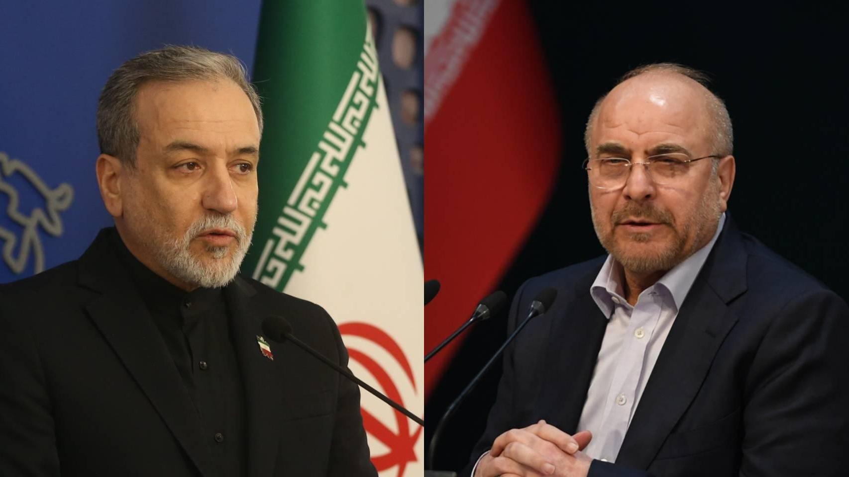 El ministro iraní de Exteriores, Abbas Aragchi, y el presidente del Parlamento de Irán, Mohamed Baqer Qalibaf