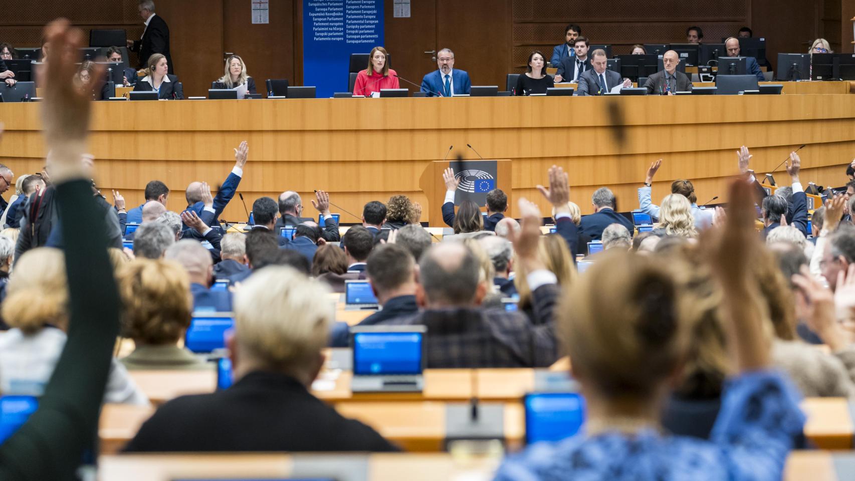 La presidenta de la Eurocámara, Roberta Metsola, durante la votación de este jueves en Bruselas