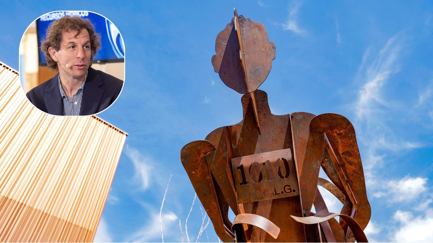 Montaje con una imagen de Rubén Lozano y otra de la escultura dedicada a la Carrera Nocturna de Toledo instalada en la Escuela Central de Educación Física.
