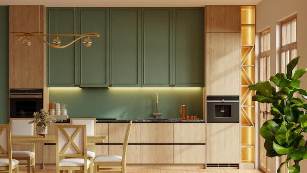 Cocina en tonos verdes y madera natural