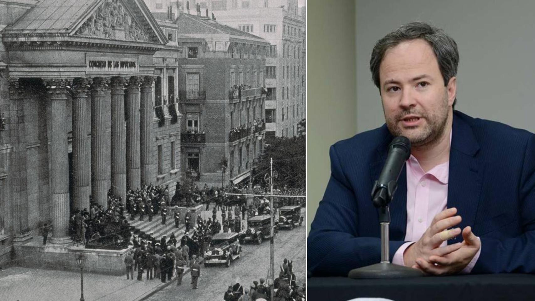 Apertura de las Cortes Constituyentes de la Segunda República y una imagen del profesor de Ciencia Política de la Universidad de Salamanca Rodrigo Rodrigues-Silveira, en un montaje de EL ESPAÑOL
