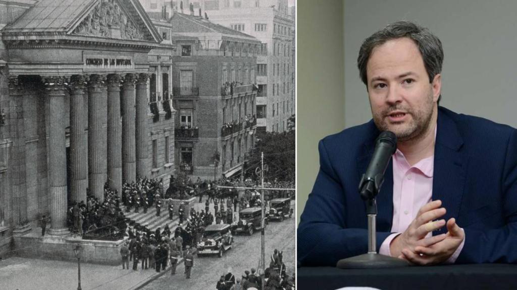 Apertura de las Cortes Constituyentes de la Segunda República y una imagen del profesor de Ciencia Política de la Universidad de Salamanca Rodrigo Rodrigues-Silveira, en un montaje de EL ESPAÑOL