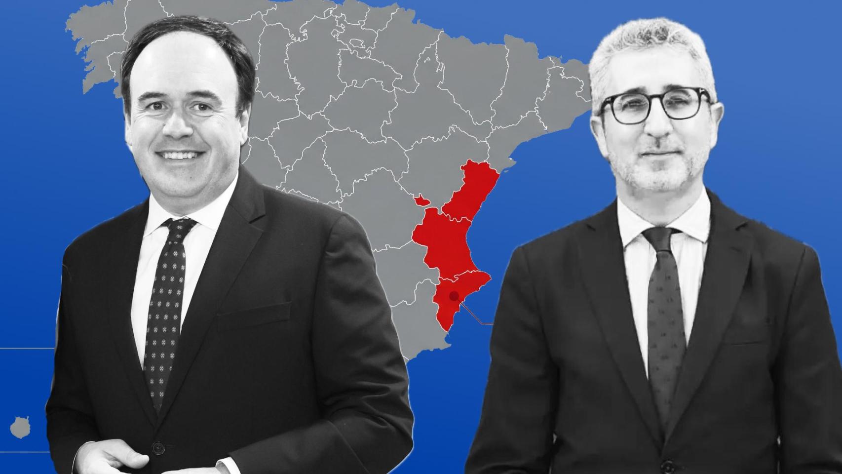 Juanfran Pérez Llorca y Arcadi España, sobre el mapa de España, con la provincia de Alicante.
