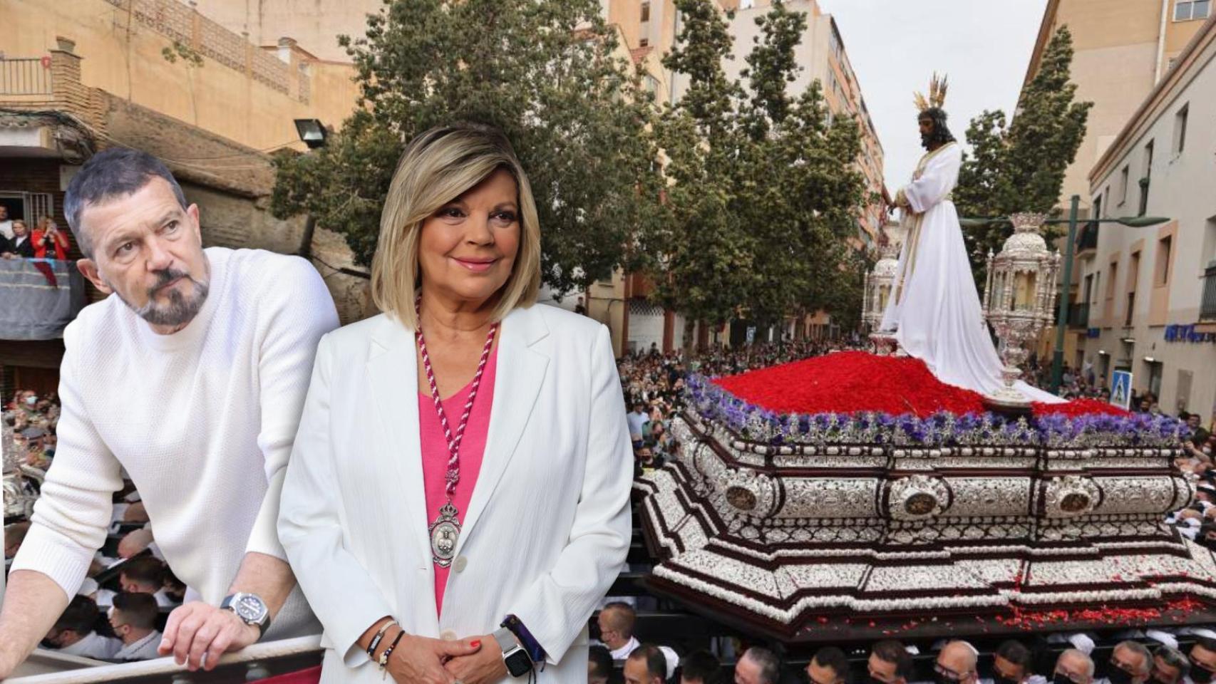 Terelu Campos, Antonio Banderas y el cristo de la cofradía del Cautivo en un montaje de JALEOS.