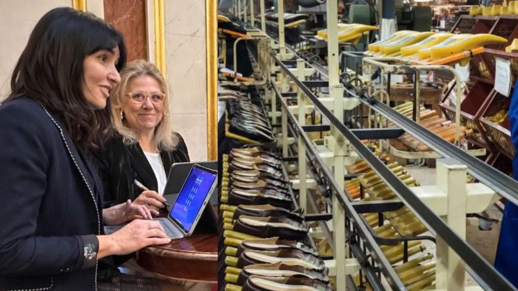 La diputada del PP, Julia Parra en primer término, y una fábrica de calzado de Alicante.
