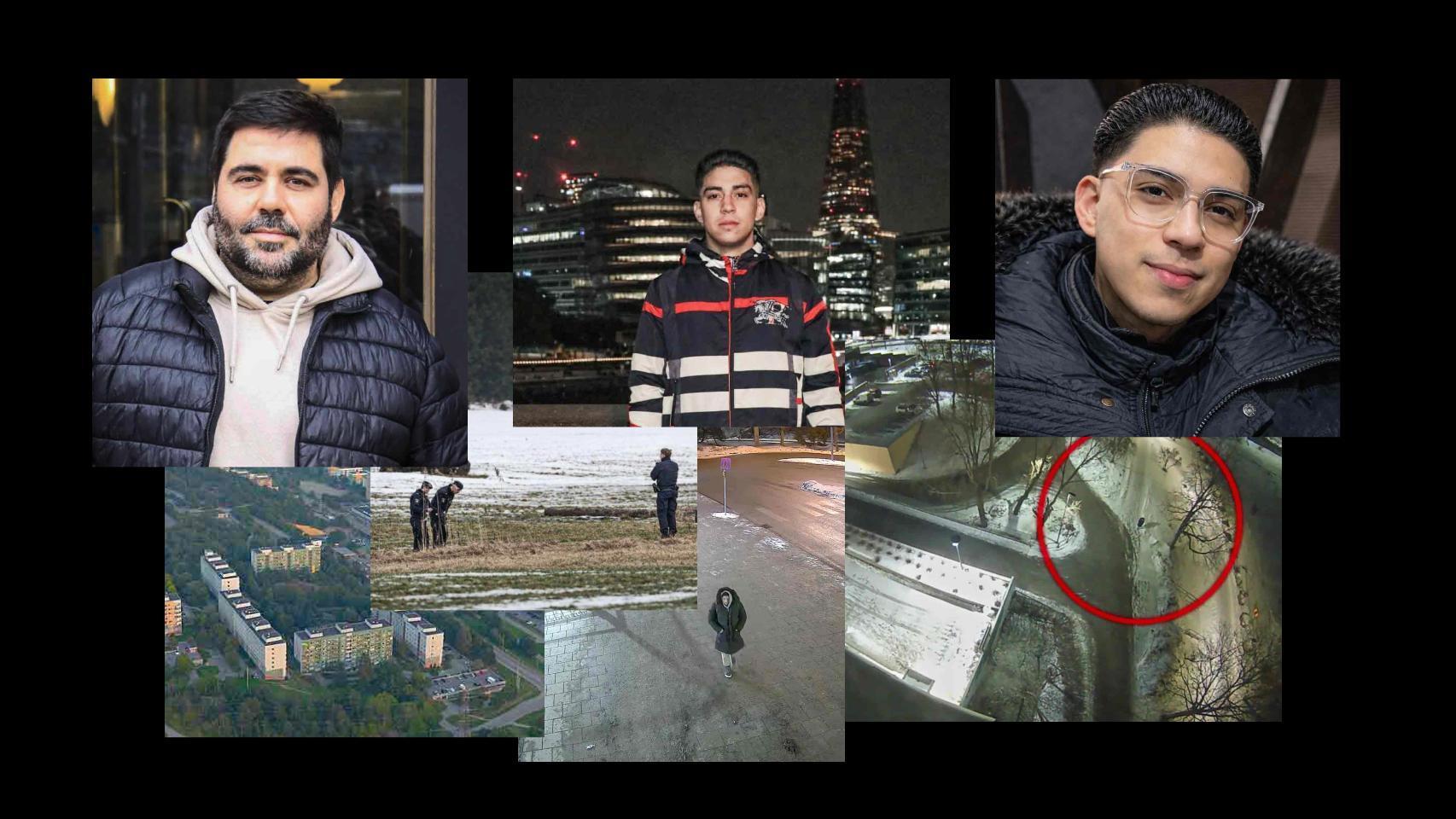 David Garriga (i.), un español engañado en Suecia, y Nikko Bahamón (c. y d.), el español asesinado en Estocolmo rodeado de imágenes relacionadas con su caso.