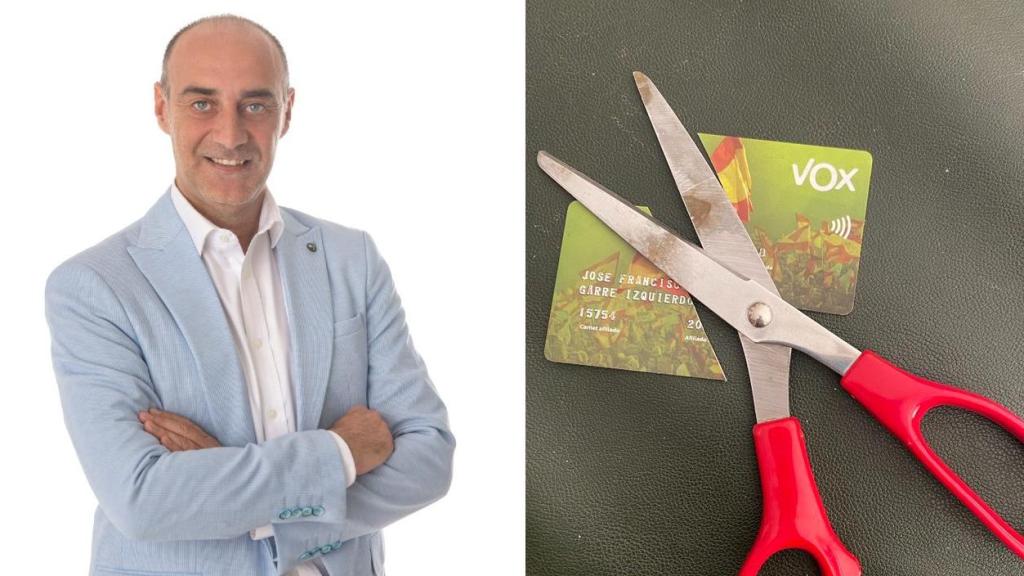 José Francisco Garre, junto a su carné de militante que ha cortado con unas tijeras tras darse de baja de Vox.