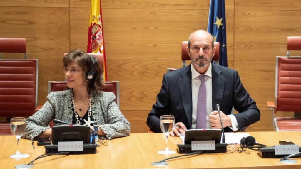 Pedro Rollán, presidente del Senado, junto a la letrada mayor, Sara Sieira, en la sala Enrique Casas Vila la visita de una delegación de la Comisión de Venecia.