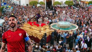 Montaje de Sergio Ramos y una procesión de Semana Santa en Camas.