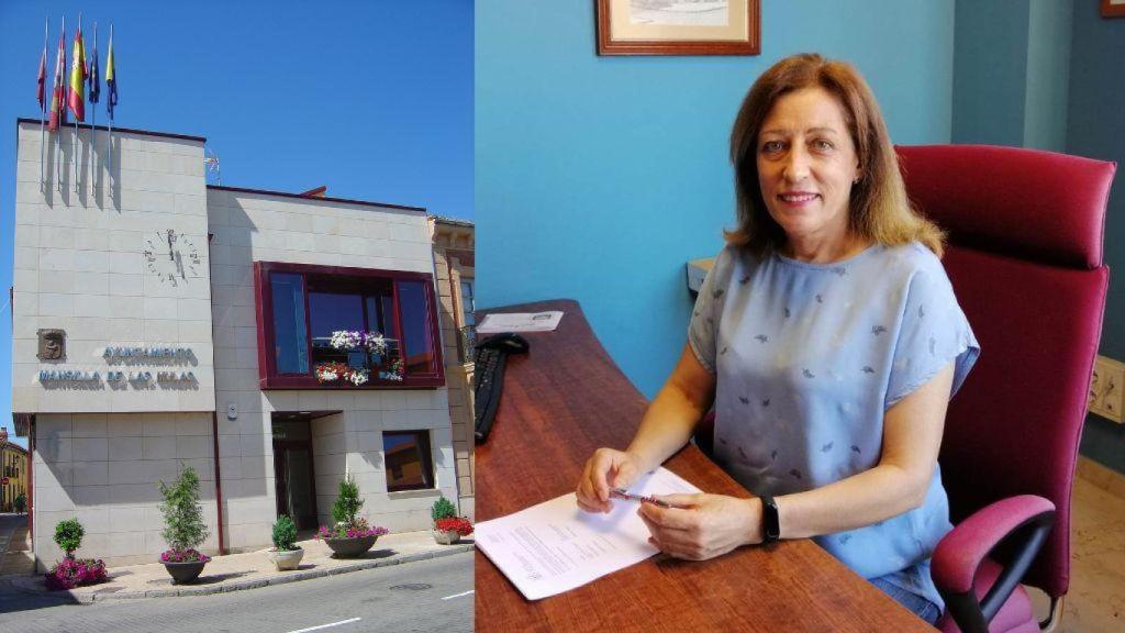 Imagen del Ayuntamiento de Mansilla de las Mulas y, a la derecha, la alcaldesa, Camino Lozano (PP)