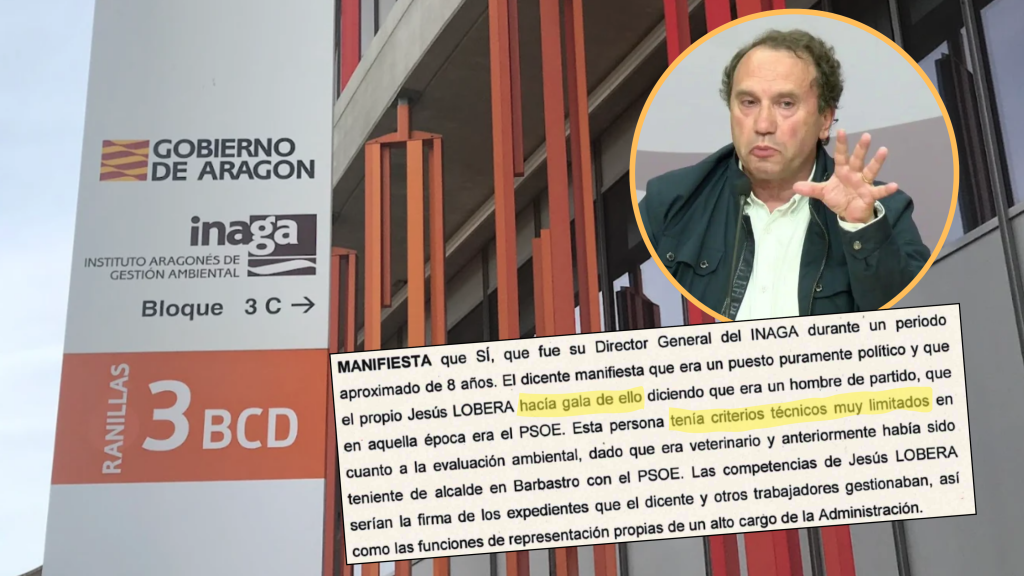 Jesús Lobera, con la sede del Inaga y la declaración de uno de los trabajadores.