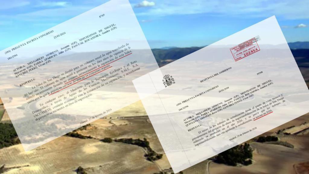 Las dos respuestas parlamentarias de Sánchez con dos años de diferencia, sobre una imagen de la balsa de San Diego.