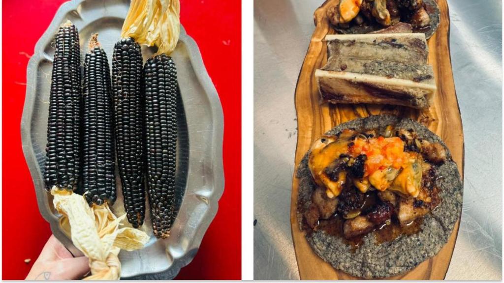 El maíz que se trajo el chef Marcos Servera y el taco de mollejas y tuétano que prepara con él.