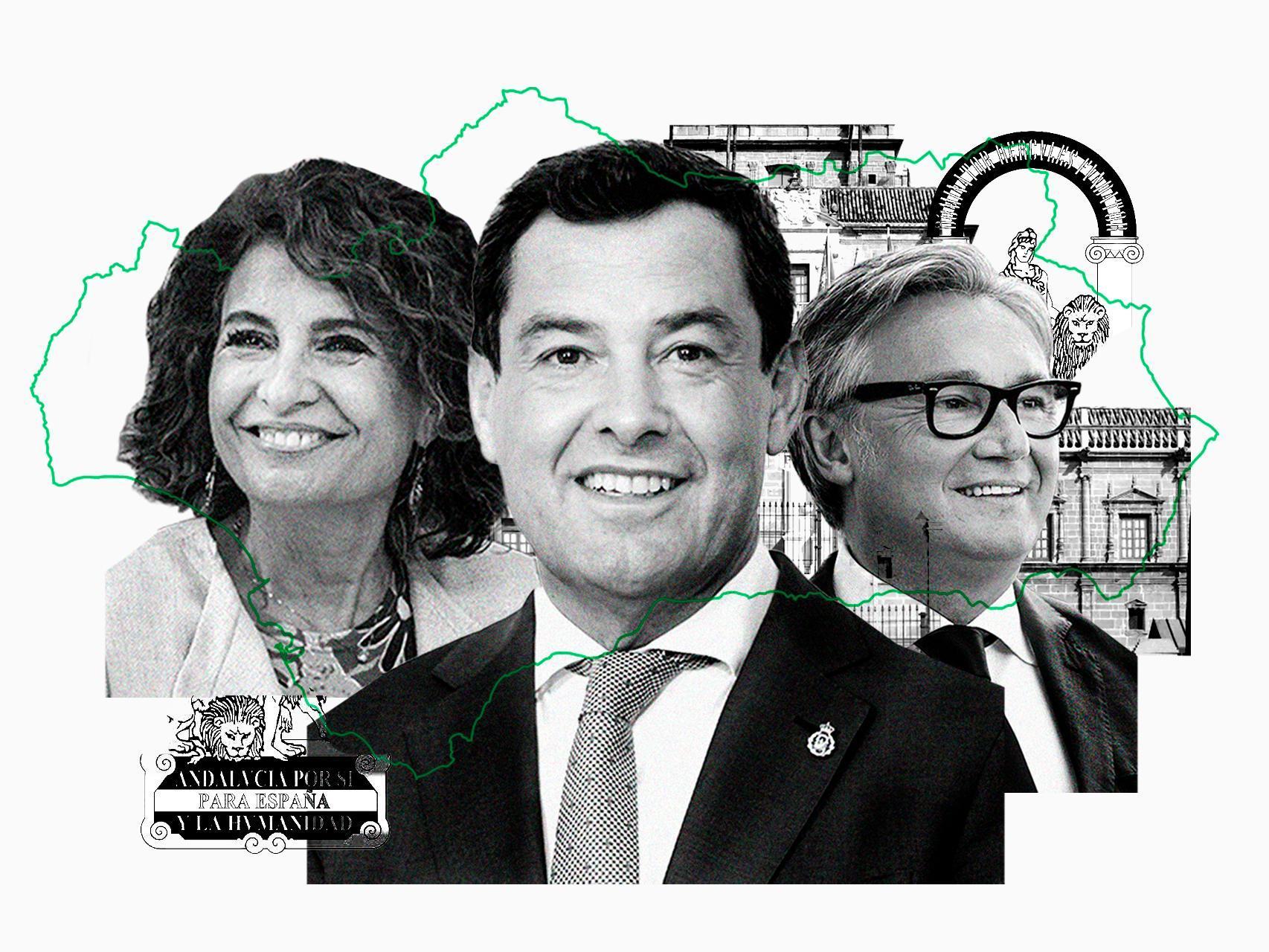 María Jesús Montero (PSOE), Juanma Moreno (PP) y Manuel Gavira (Vox).