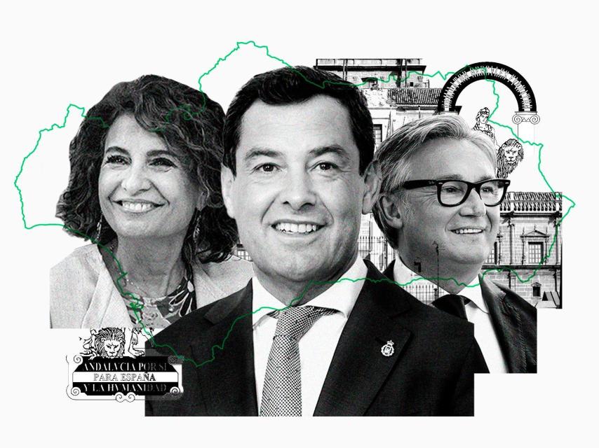María Jesús Montero (PSOE), Juanma Moreno (PP) y Manuel Gavira (Vox).